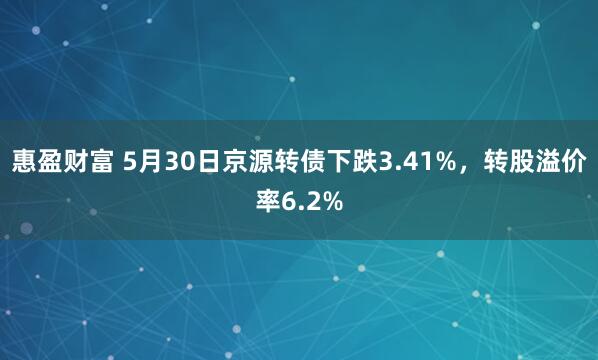 惠盈财富 5月30日京源转债下跌3.41%，转股溢价率6.2%